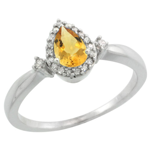 14k White Gold Diamond Citrine Ring 0.33 ct Tear Drop 6x4 Stone 3/8 inch wide, sizes 5-10