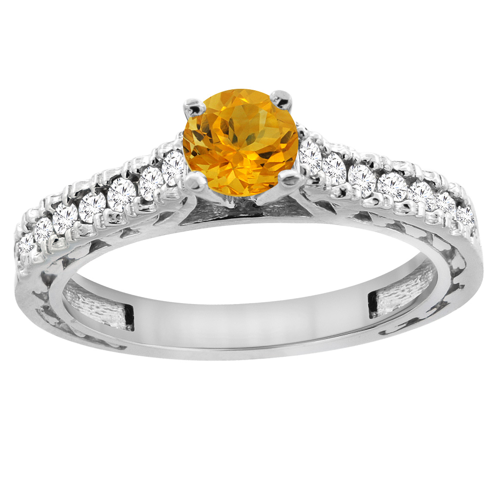 14K White Gold Natural Citrine Round 5mm Engraved Engagement Ring Diamond Accents, sizes 5 - 10