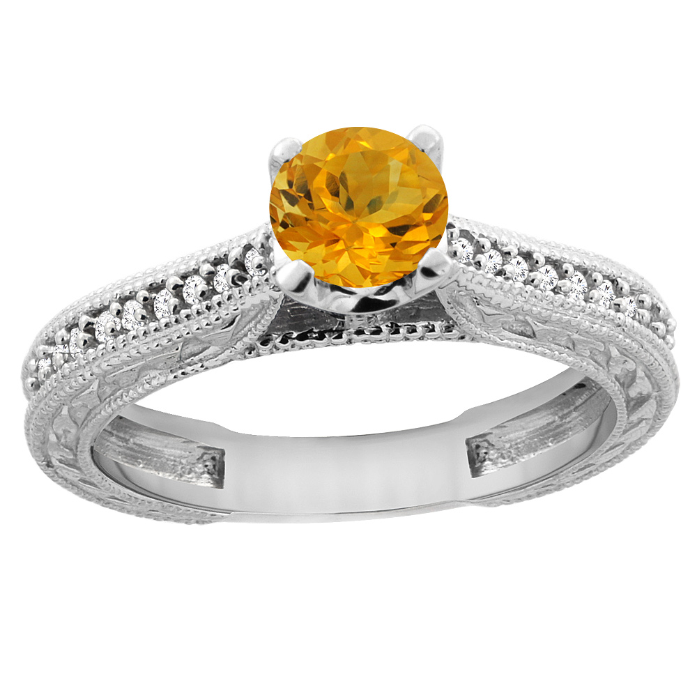 14K White Gold Natural Citrine Round 5mm Engraved Engagement Ring Diamond Accents, sizes 5 - 10