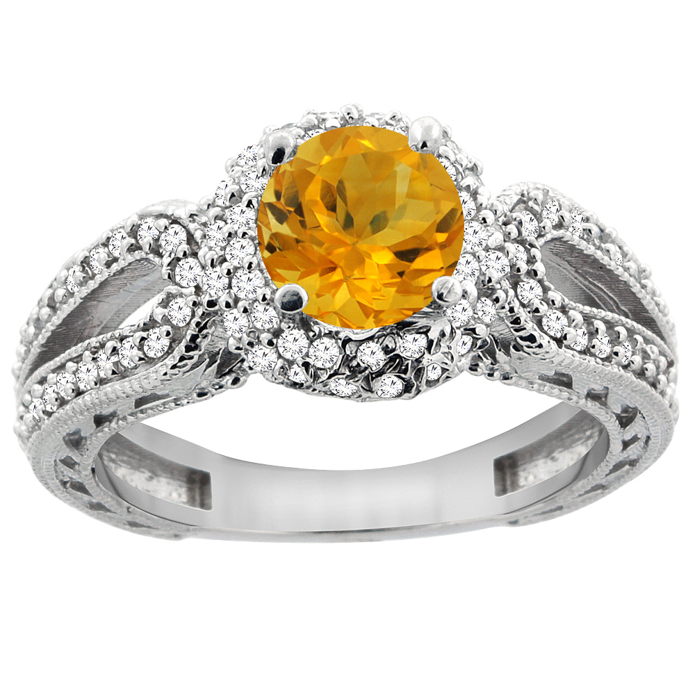 14K White Gold Natural Citrine Engagement Ring Round 6mm Engraved Split Shank Diamond Accents, sizes 5 - 10