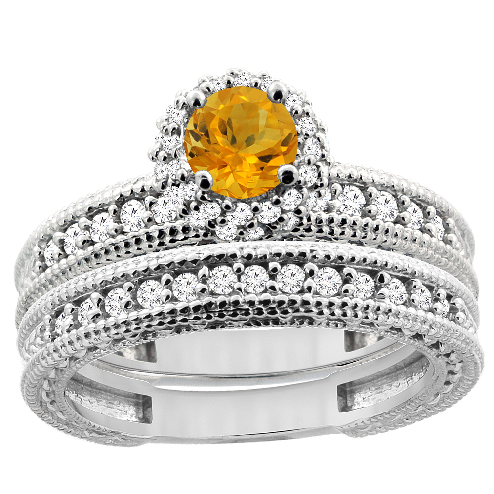 14K White Gold Diamond Natural Citrine Round 4mm Engagement Ring 2-piece Set, sizes 5 - 10