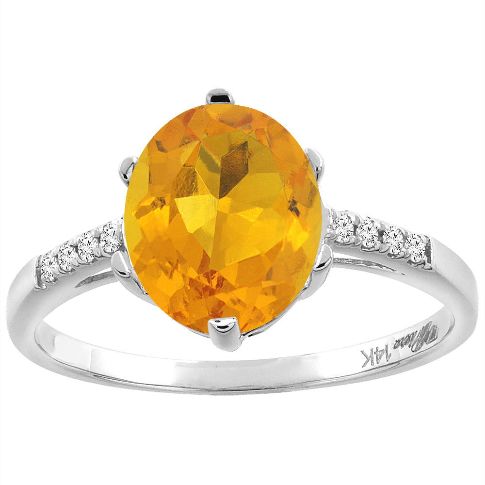 14K White Gold Natural Citrine & Diamond Ring Oval 10x8 mm, sizes 5-10