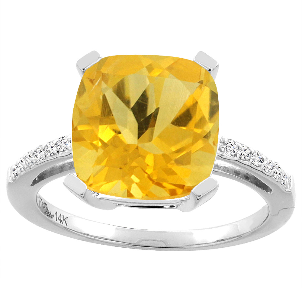 14K White Gold Natural Citrine & Diamond Ring Cushion-cut 12x10 mm, sizes 5-10