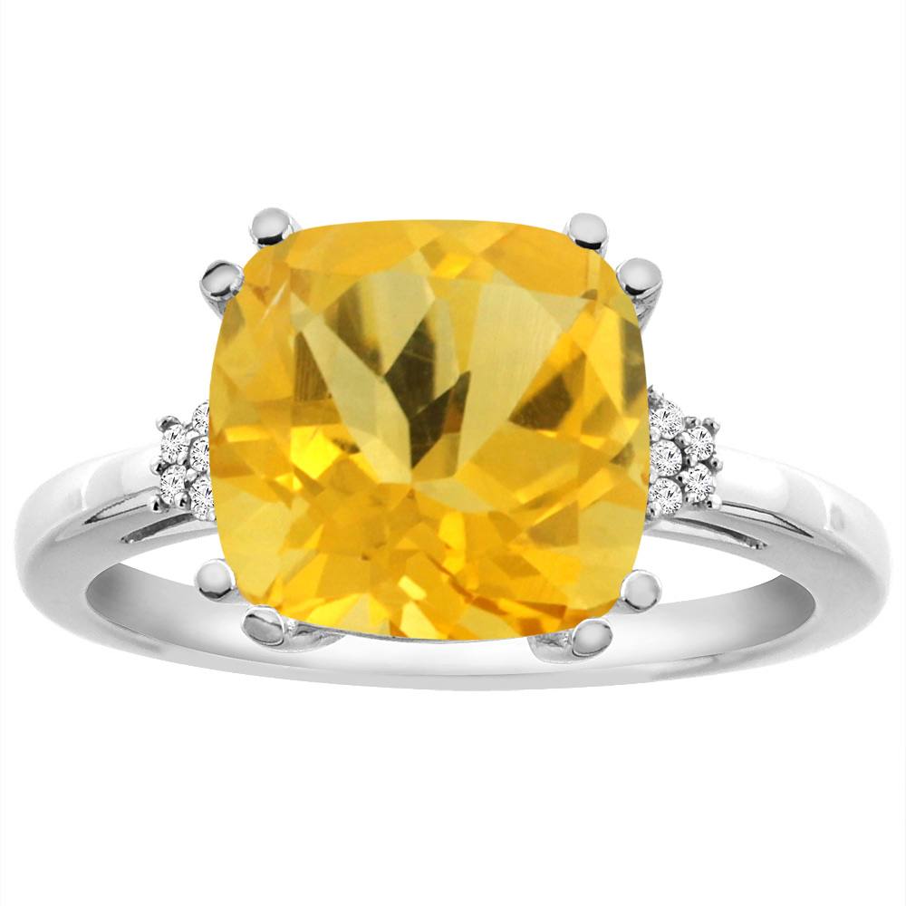 14K White Gold Diamond Natural Citrine Engagement Ring Cushion-cut 10x10 mm, sizes 5-10