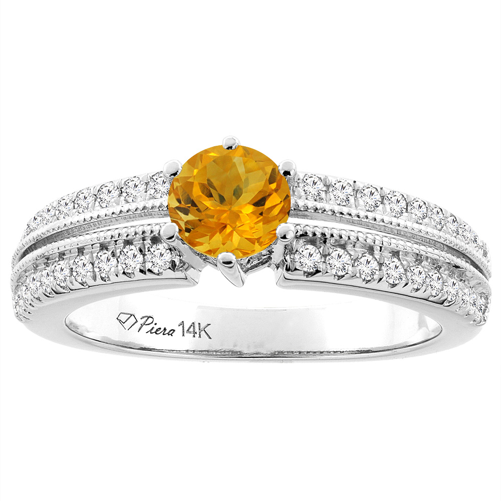 14K White Gold Natural Citrine & Diamond Ring Round 6 mm, sizes 5-10