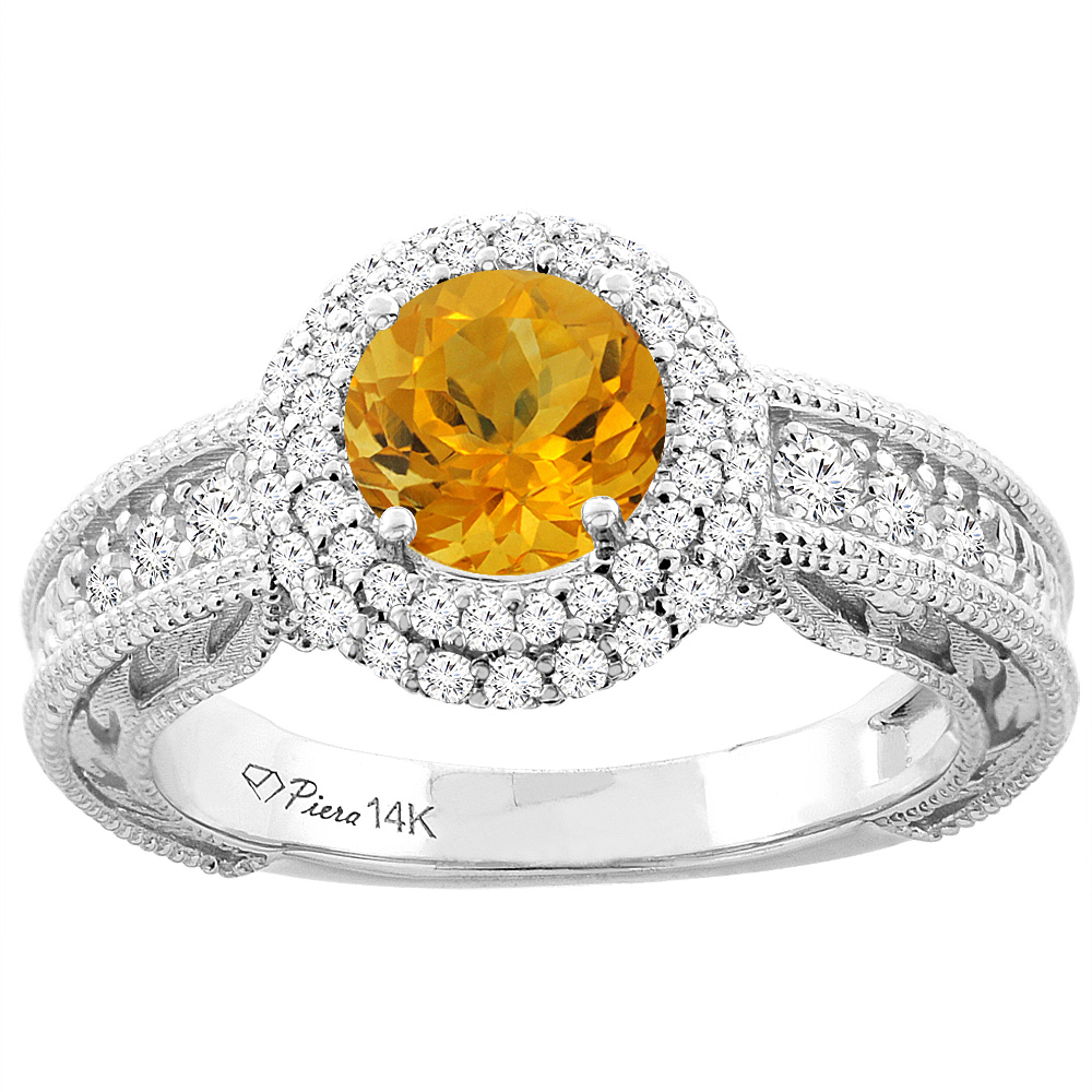 14K White Gold Natural Citrine & Diamond Halo Ring Round 6 mm, sizes 5-10