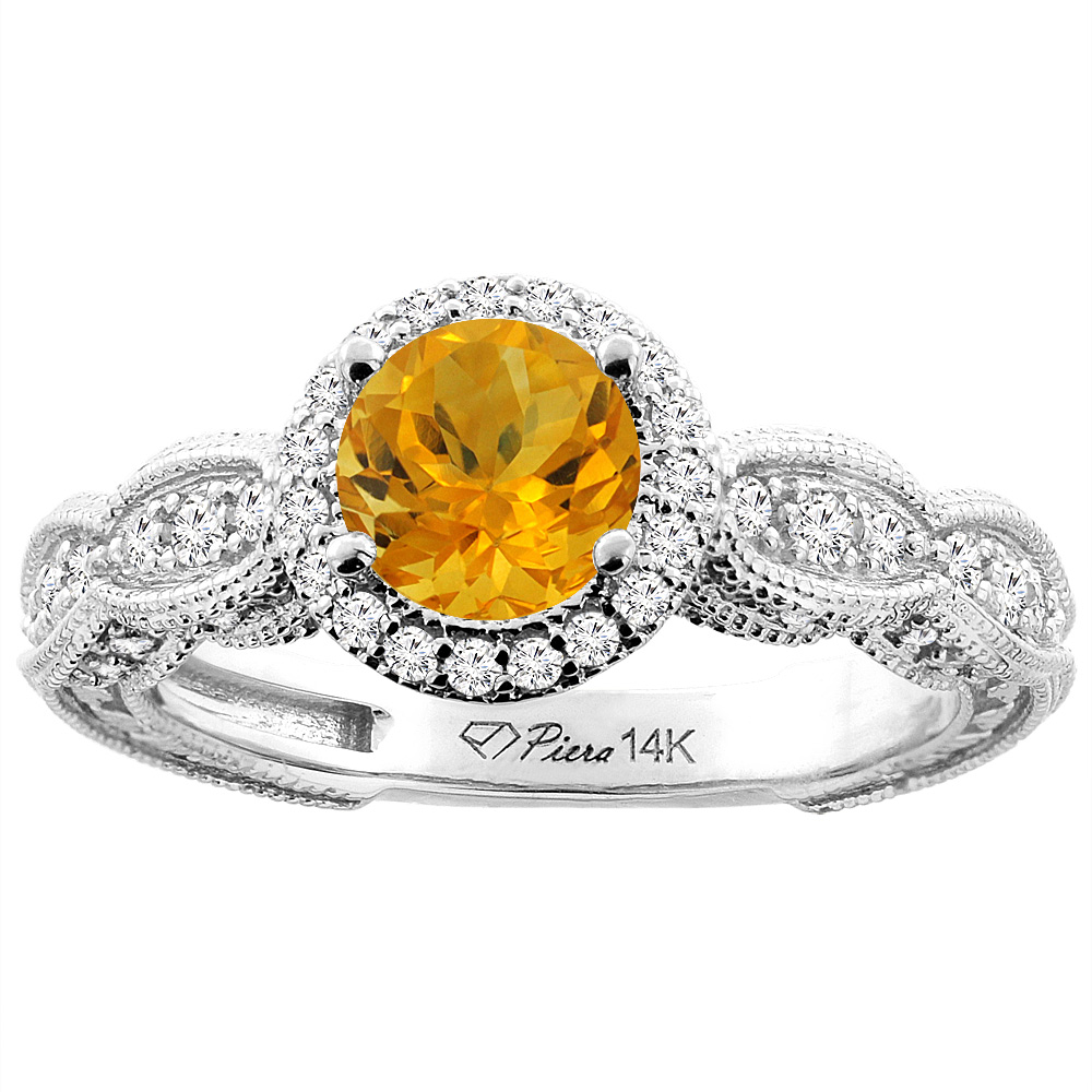 14K White Gold Natural Citrine & Diamond Halo Ring Round 6 mm, sizes 5-10