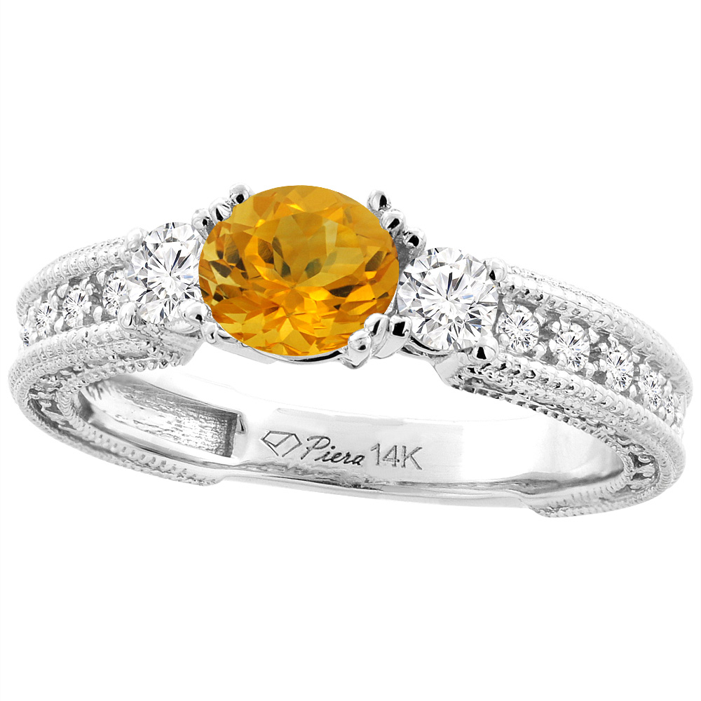 14K White Gold Natural Citrine & Diamond Ring Round 6 mm, sizes 5-10