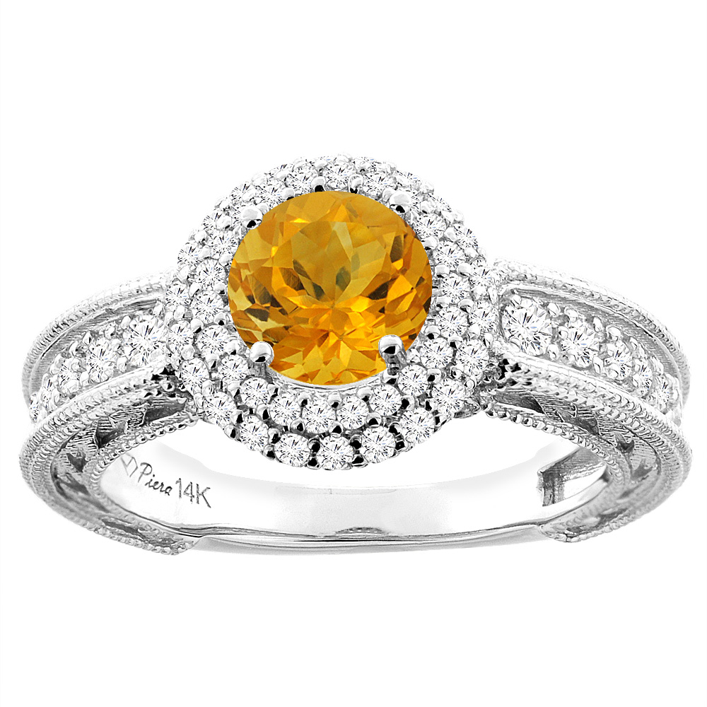 14K White Gold Natural Citrine & Diamond Halo Ring Round 6 mm, sizes 5-10