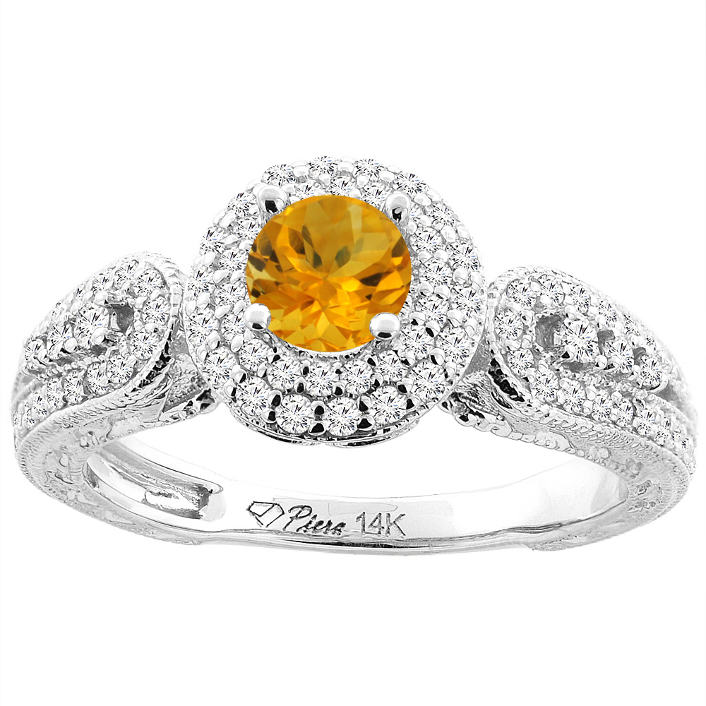 14K White Gold Natural Citrine & Diamond Halo Ring Round 5 mm, sizes 5-10