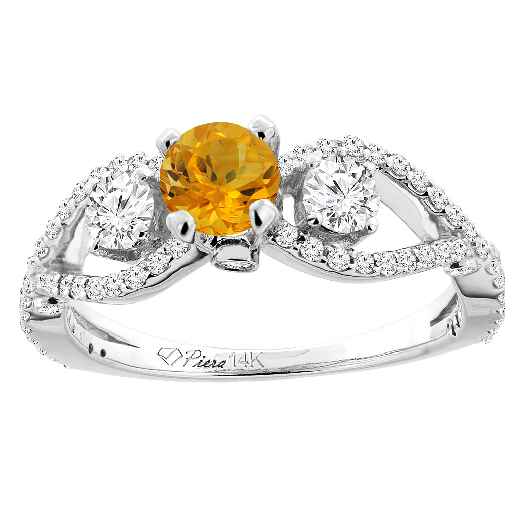 14K White Gold Natural Citrine & Diamond Ring Round 6 mm, sizes 5-10