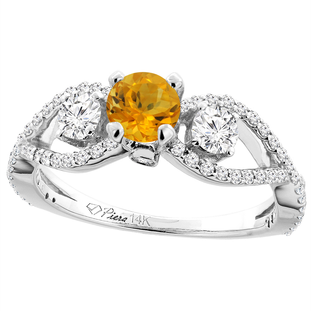 14K White Gold Natural Citrine & Diamond Ring Round 6 mm, sizes 5-10