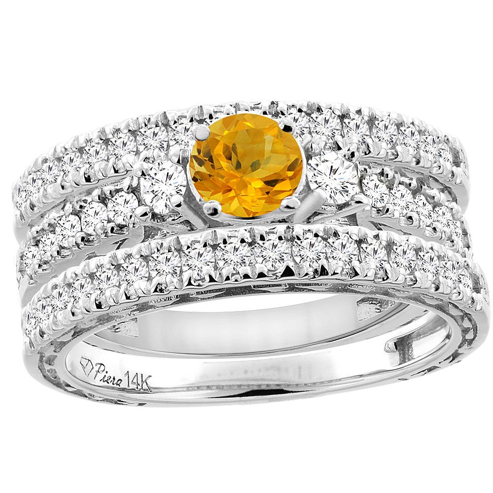 14K White Gold Diamond Natural Citrine Engagement 3-pc Ring Set Engraved Round 6 mm, sizes 5 - 10