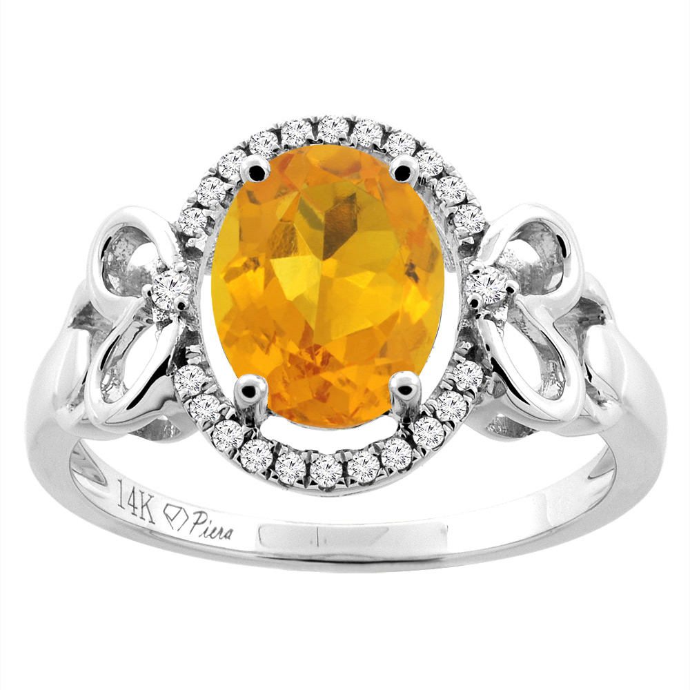 14K Gold Natural Citrine Halo Ring Oval 9x7 mm Diamond &amp; Heart Accents, sizes 5 - 10