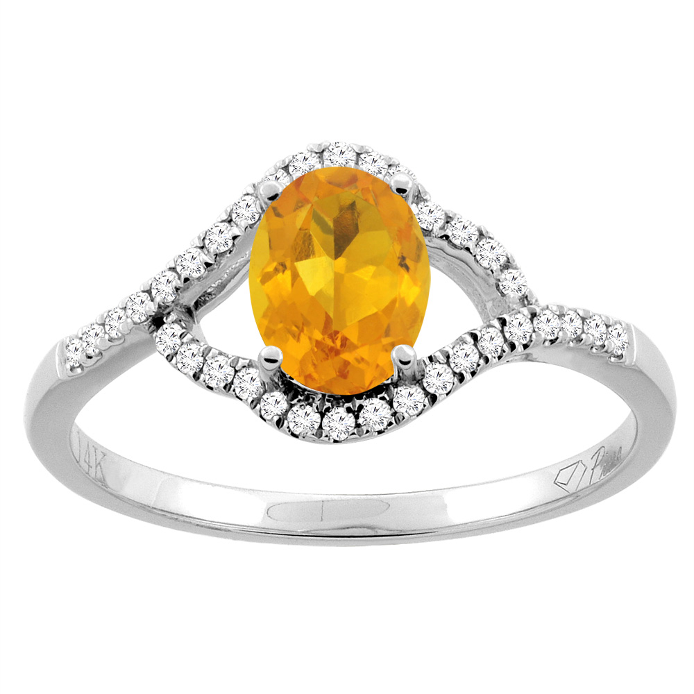 14K Gold Diamond Natural Citrine Engagement Ring Oval 7x5 mm, sizes 5 - 10