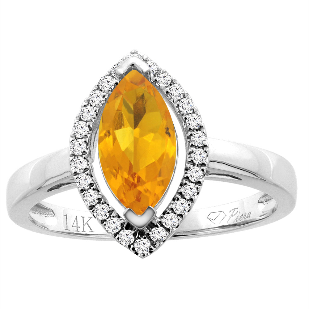 14K Gold Natural Citrine Halo Ring Marquise 10x5 mm Diamond Accents, sizes 5 - 10