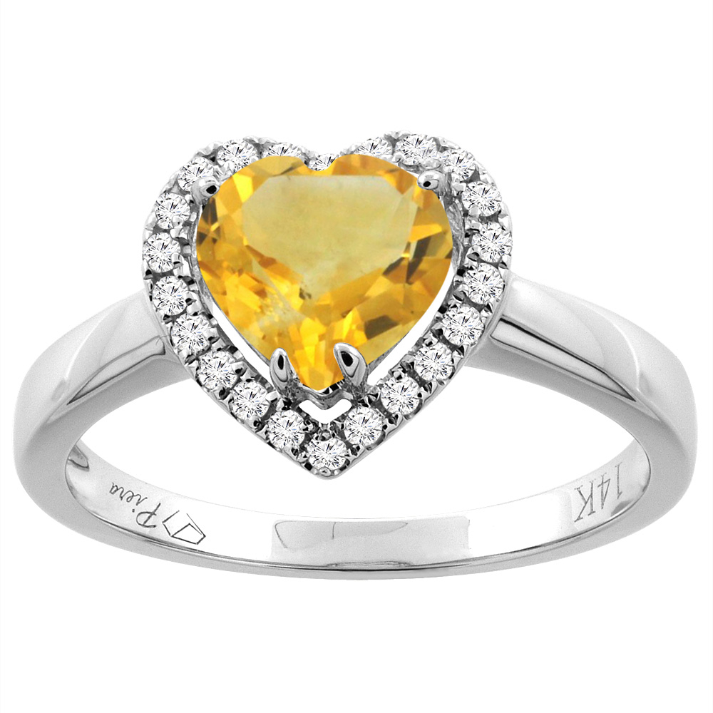 14K Gold Natural Citrine Halo Ring Heart 7x7 mm Diamond Accents, sizes 5 - 10