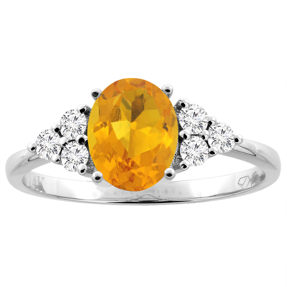 14K Gold Natural Citrine Ring Oval 8x6 mm Diamond Accents, sizes 5 - 10