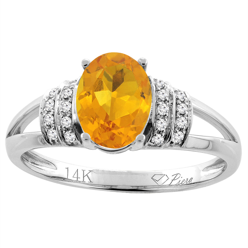 14K Gold Natural Citrine Ring Oval 8x6 mm Diamond Accents, sizes 5 - 10