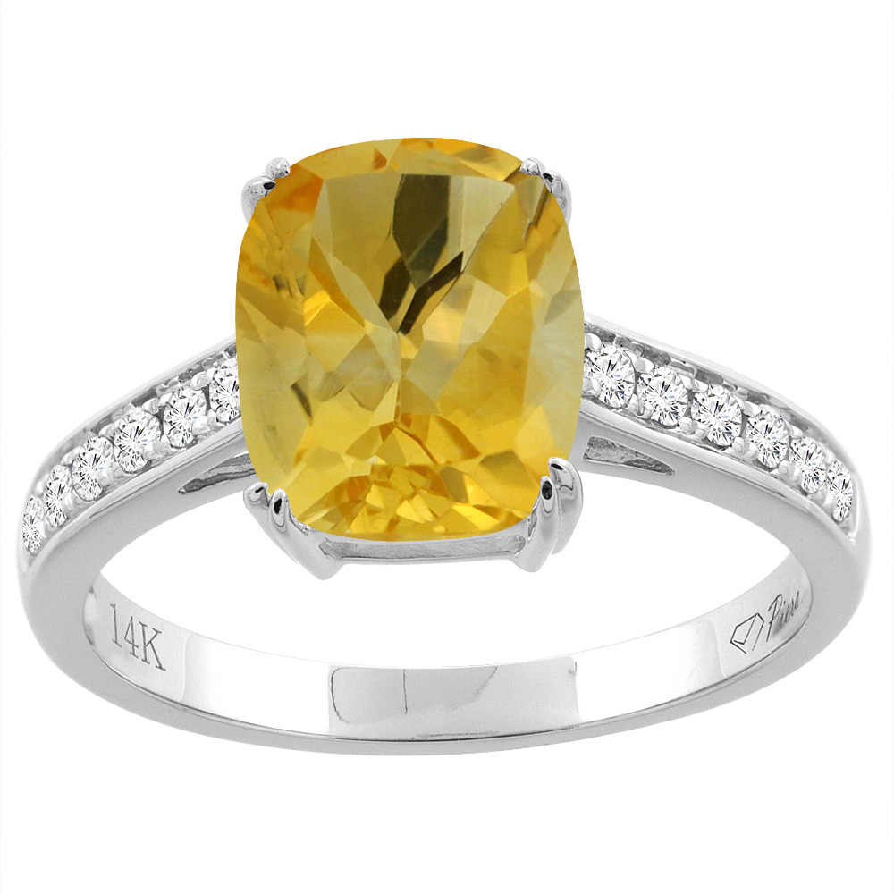 14K Gold Natural Citrine Ring Cushion Cut 9x7 mm Diamond Accents, sizes 5 - 10