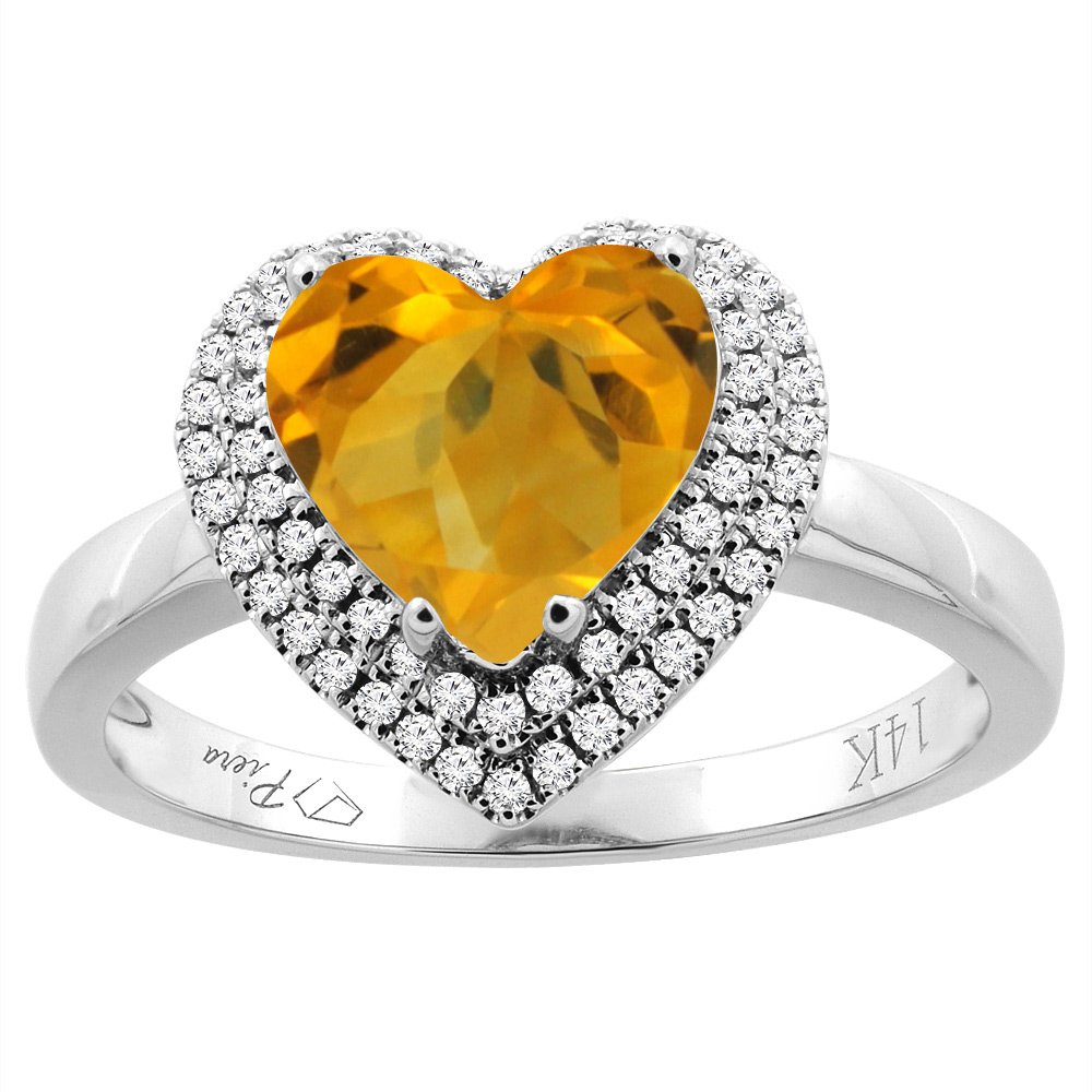14K Gold Natural Citrine Ring Heart Shape 8 mm Diamond Accents, sizes 5 - 10
