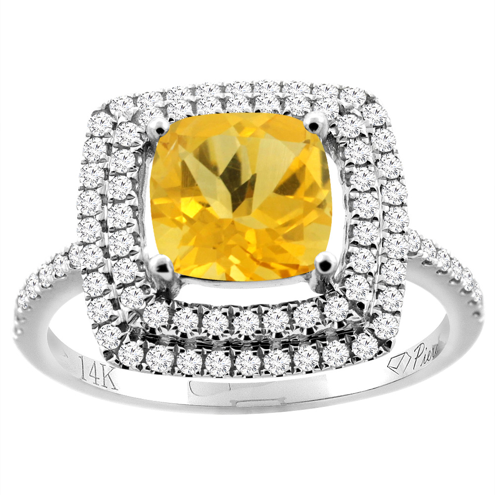 14K Gold Natural Citrine Ring Cushion Cut 7x7 mm Double Halo Diamond Accents, sizes 5 - 10