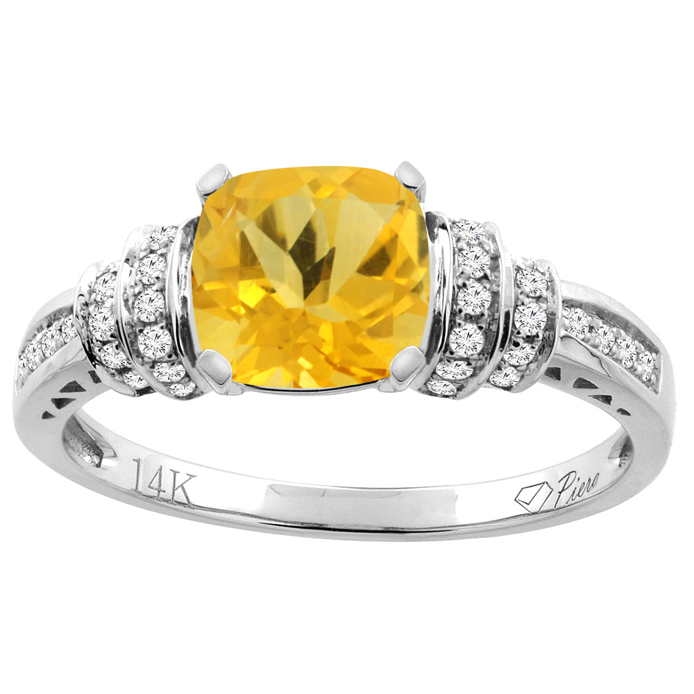 14K Gold Natural Citrine Ring Cushion Cut 7x7 mm Diamond Accents, sizes 5 - 10