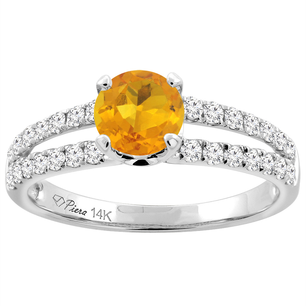 14K White Gold Natural Citrine Engagement Ring Round 6 mm Split Shank Diamond Accents, sizes 5 - 10