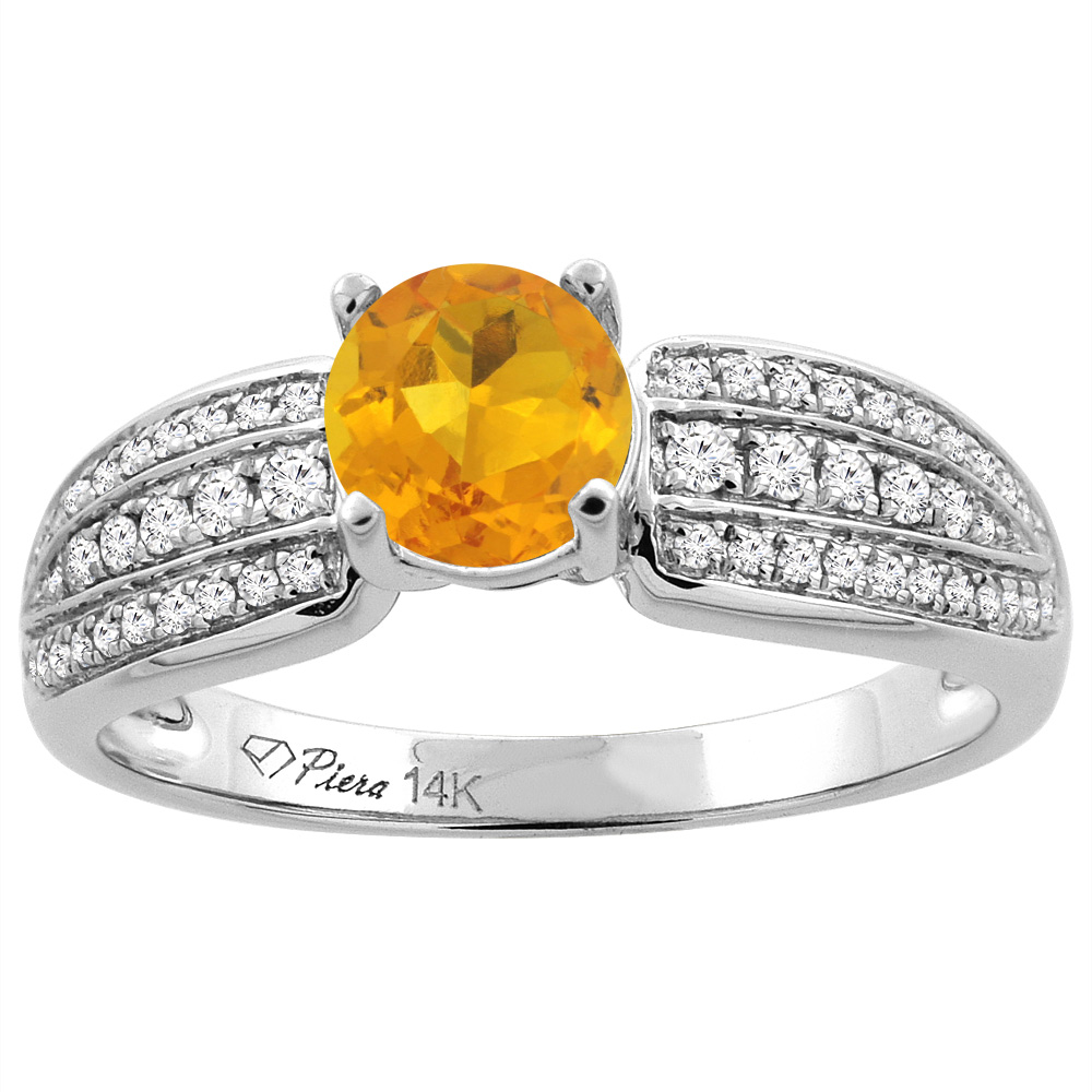 14K White Gold Natural Citrine Engagement Ring Round 6 mm 3-row Diamond Accents, sizes 5 - 10