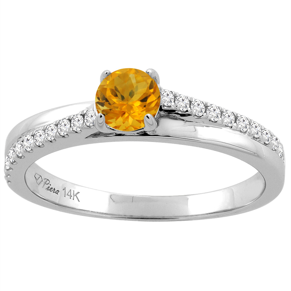 14K White Gold Natural Citrine Engagement Ring Round 5 mm &amp; Diamond Accents, sizes 5 - 10