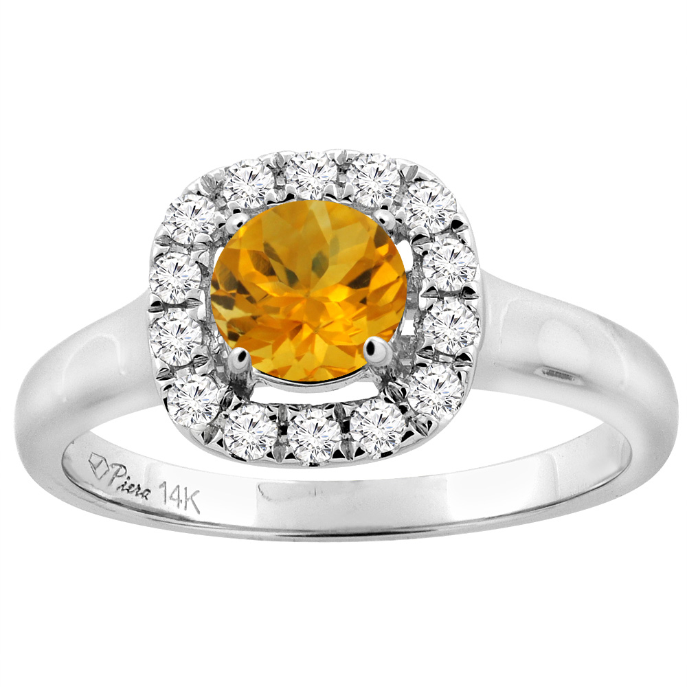 14K White Gold Natural Citrine Halo Engagement Ring Round 6 mm Diamond Accents, sizes 5 - 10