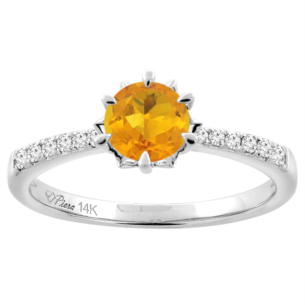 14K White Gold Natural Citrine Engagement Ring Round 6 mm & Diamond Accents, sizes 5 - 10