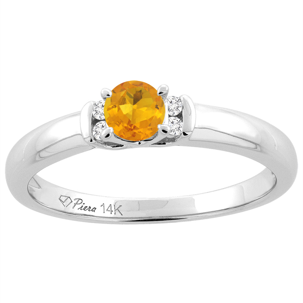 14K White Gold Natural Citrine Engagement Ring Round 4 mm &amp; Diamond Accents, sizes 5 - 10