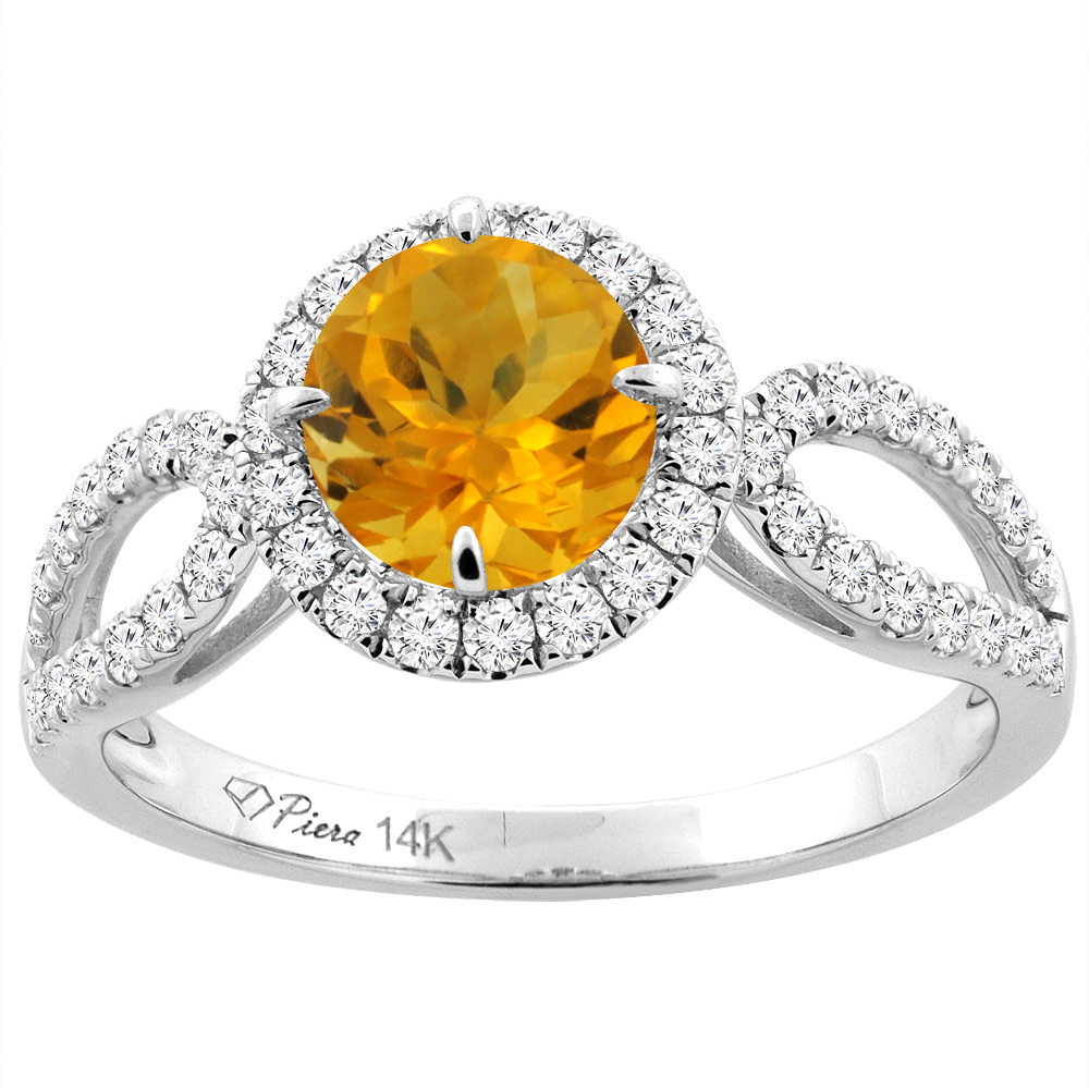 14K White Gold Natural Citrine Engagement Halo Ring Round 6 mm & Diamond Accents, sizes 5 - 10