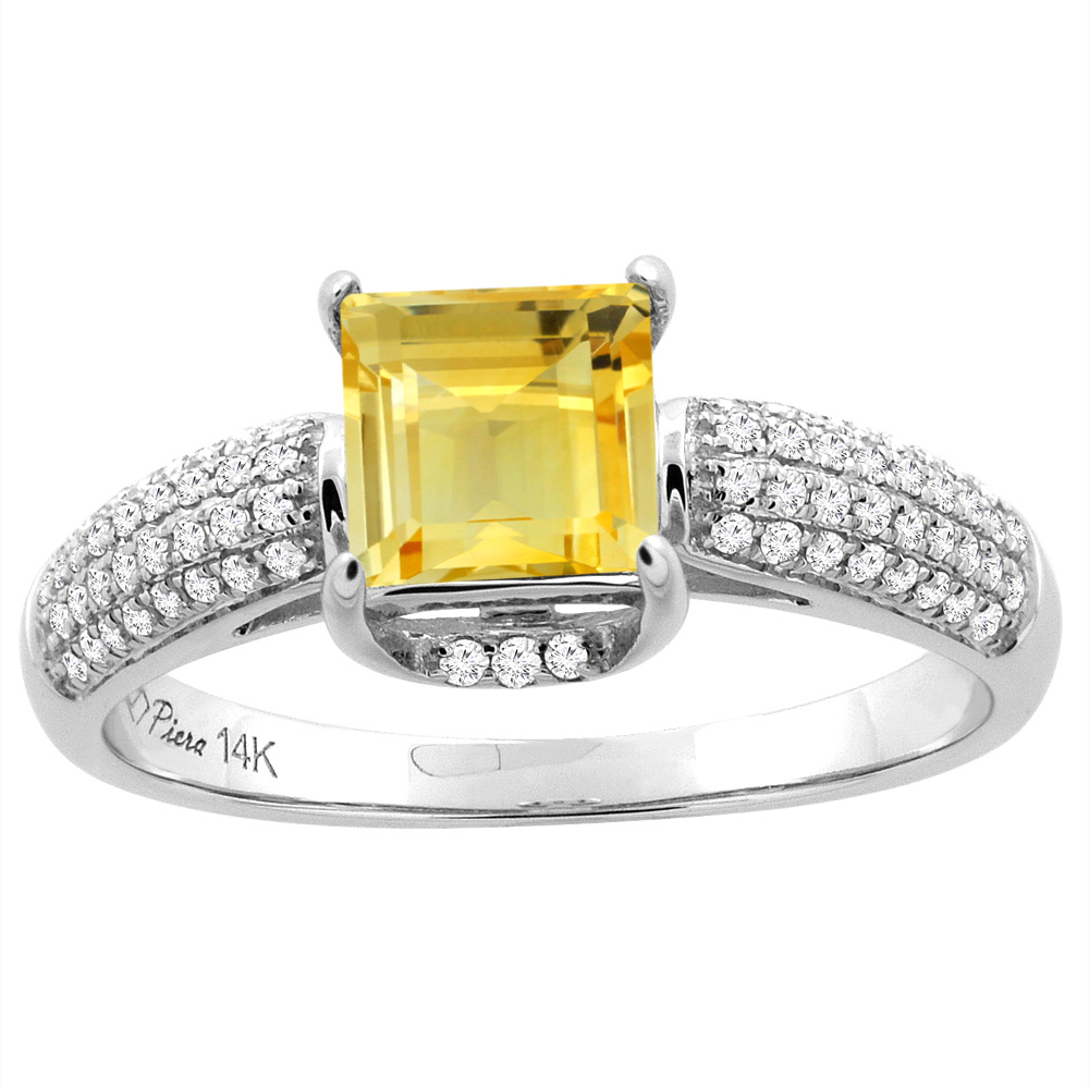 14K White Gold Natural Citrine Engagement Ring Square 6 mm &amp; Diamond Accents, sizes 5 - 10