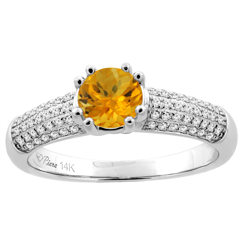 14K White Gold Natural Citrine Engagement Ring Round 6 mm &amp; Diamond Accents, sizes 5 - 10