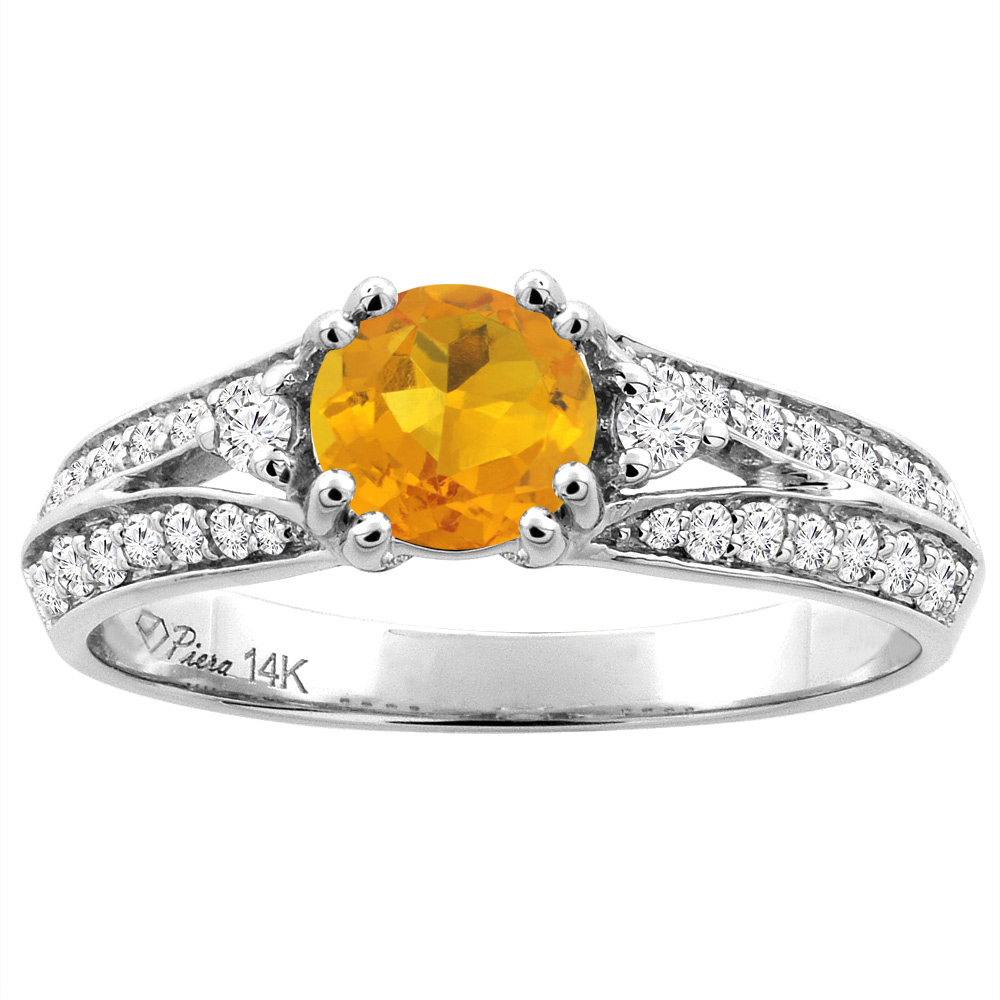 14K White Gold Natural Citrine Engagement Ring Round 6 mm & Diamond Accents, sizes 5 - 10