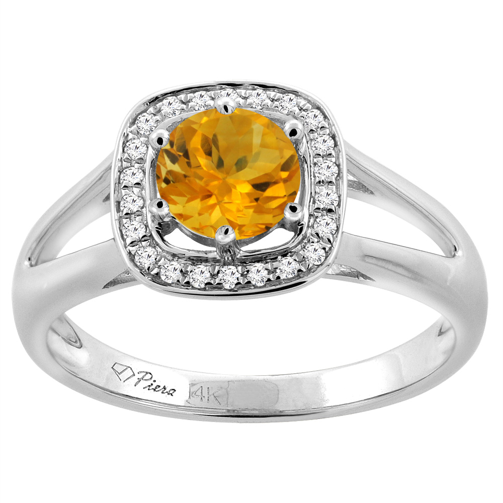 14K White Gold Natural Citrine Engagement Halo Ring Round 6 mm & Diamond Accents, sizes 5 - 10