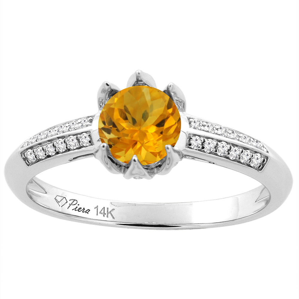 14K White Gold Natural Citrine Engagement Ring Round 6 mm & Diamond Accents, sizes 5 - 10