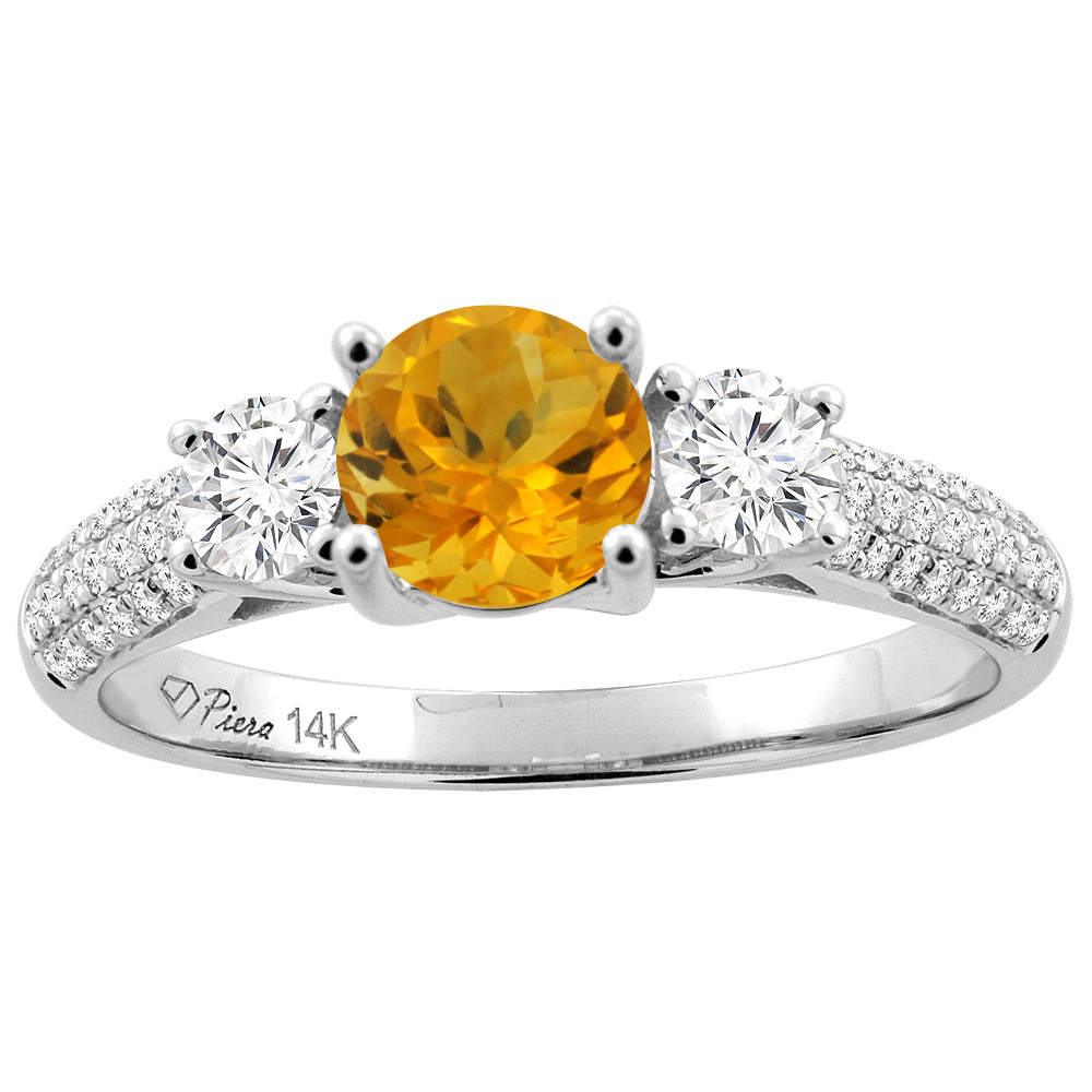 14K White Gold Natural Citrine Engagement Ring Round 6 mm &amp; Diamond Accents, sizes 5 - 10