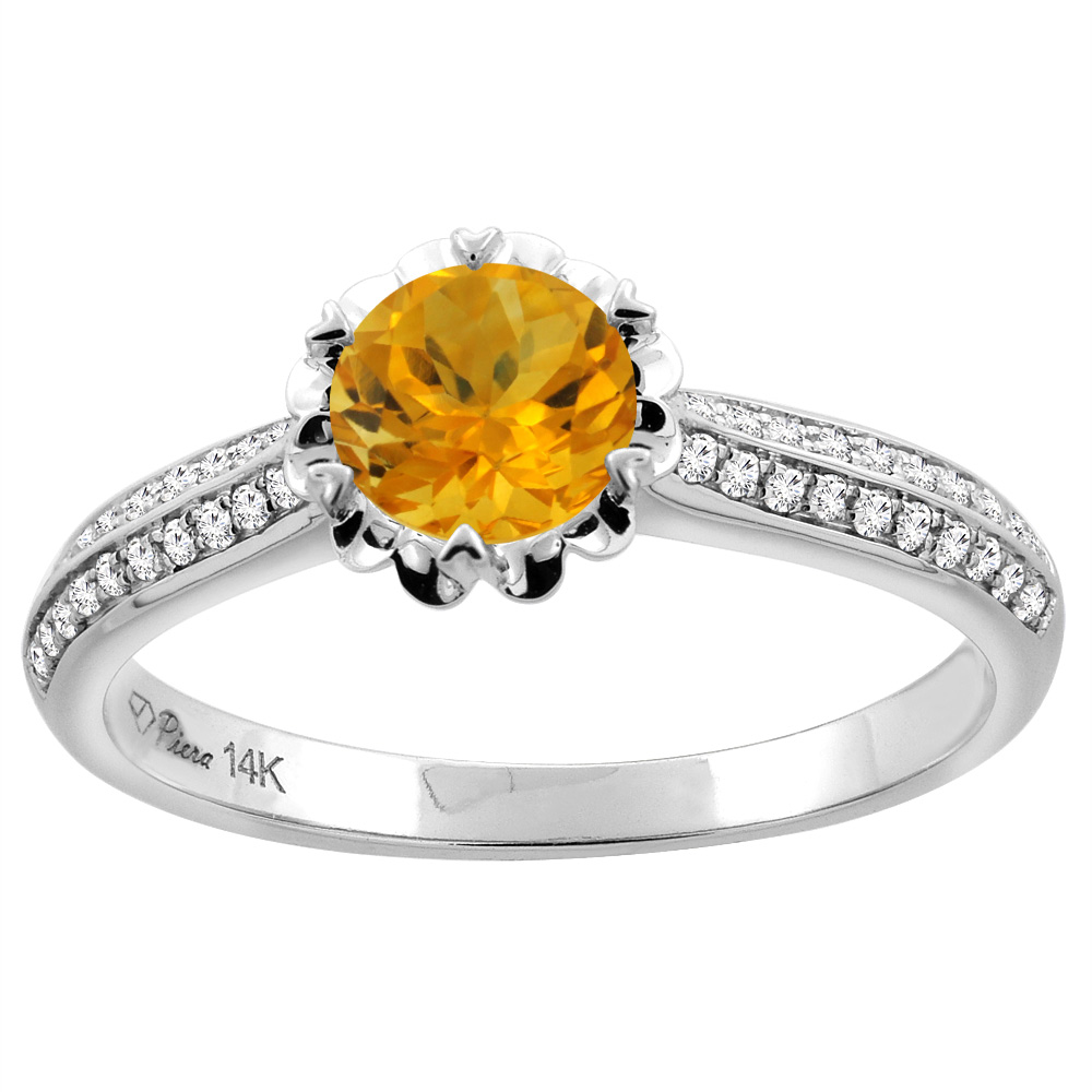 14K White Gold Natural Citrine Engagement Ring Round 6 mm & Diamond Accents, sizes 5 - 10