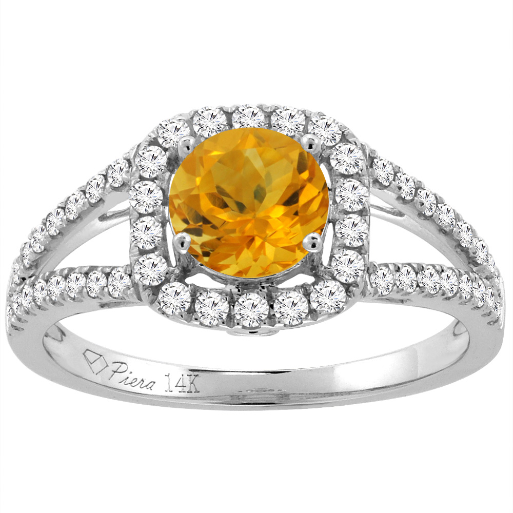 14K Yellow Gold Diamond Natural Citrine Engagement Halo Ring Round 7 mm, sizes 5-10