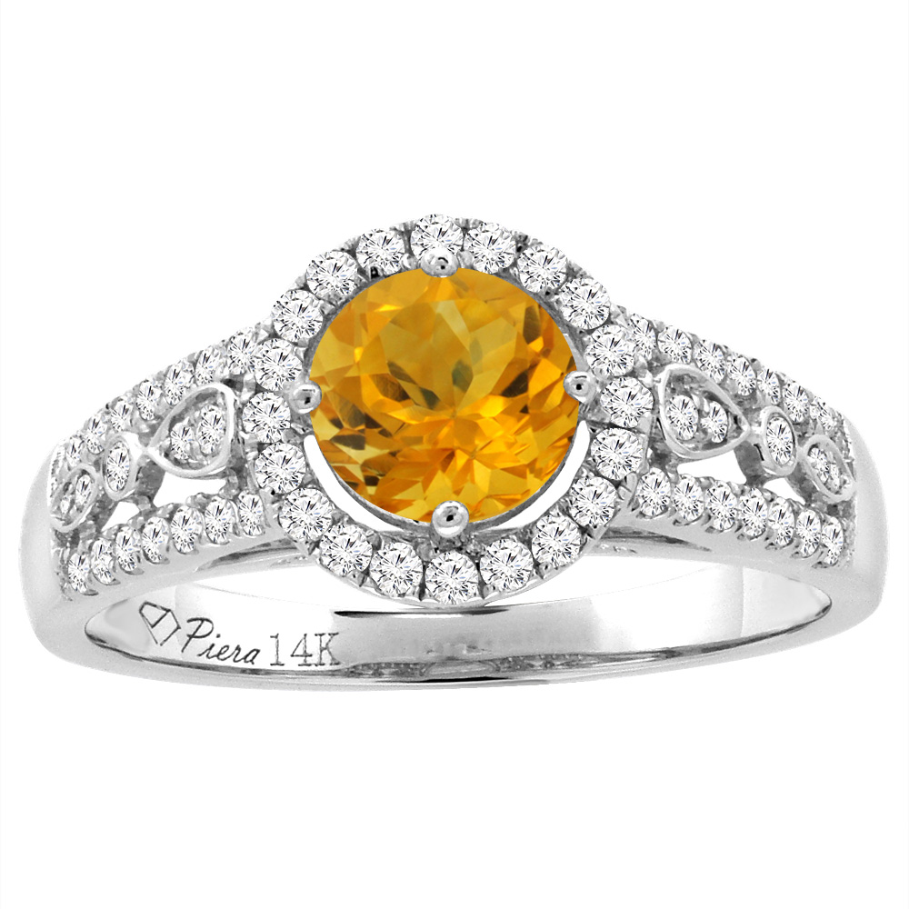 14K Yellow Gold Diamond Natural Citrine Engagement Halo Ring Round 7 mm, sizes 5-10
