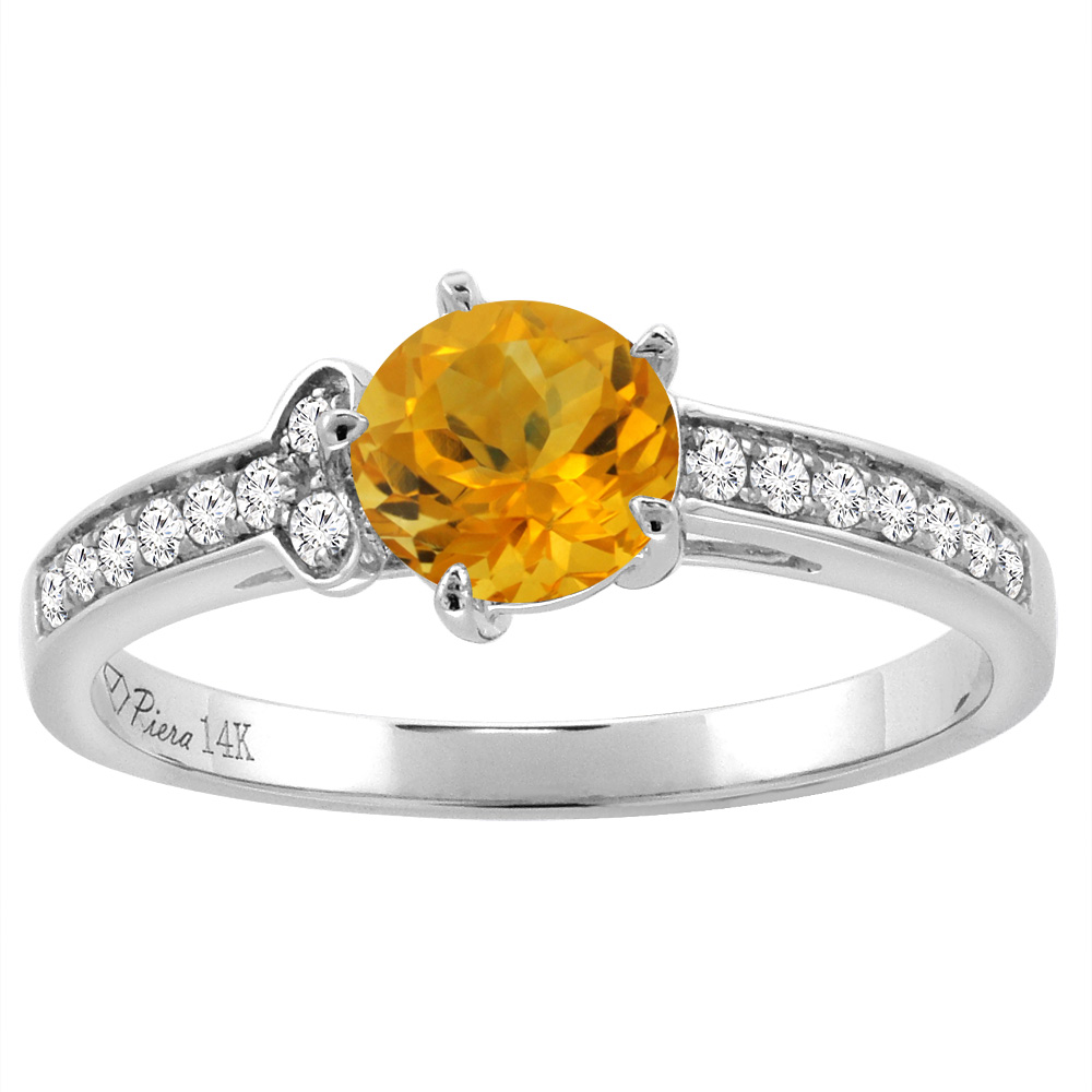 14K White Gold Diamond Natural Citrine Engagement Ring Round 7 mm, sizes 5-10