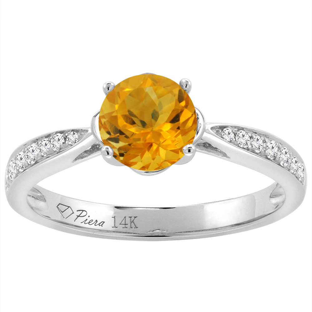 14K White Gold Diamond Natural Citrine Engagement Ring Round 7 mm, sizes 5-10