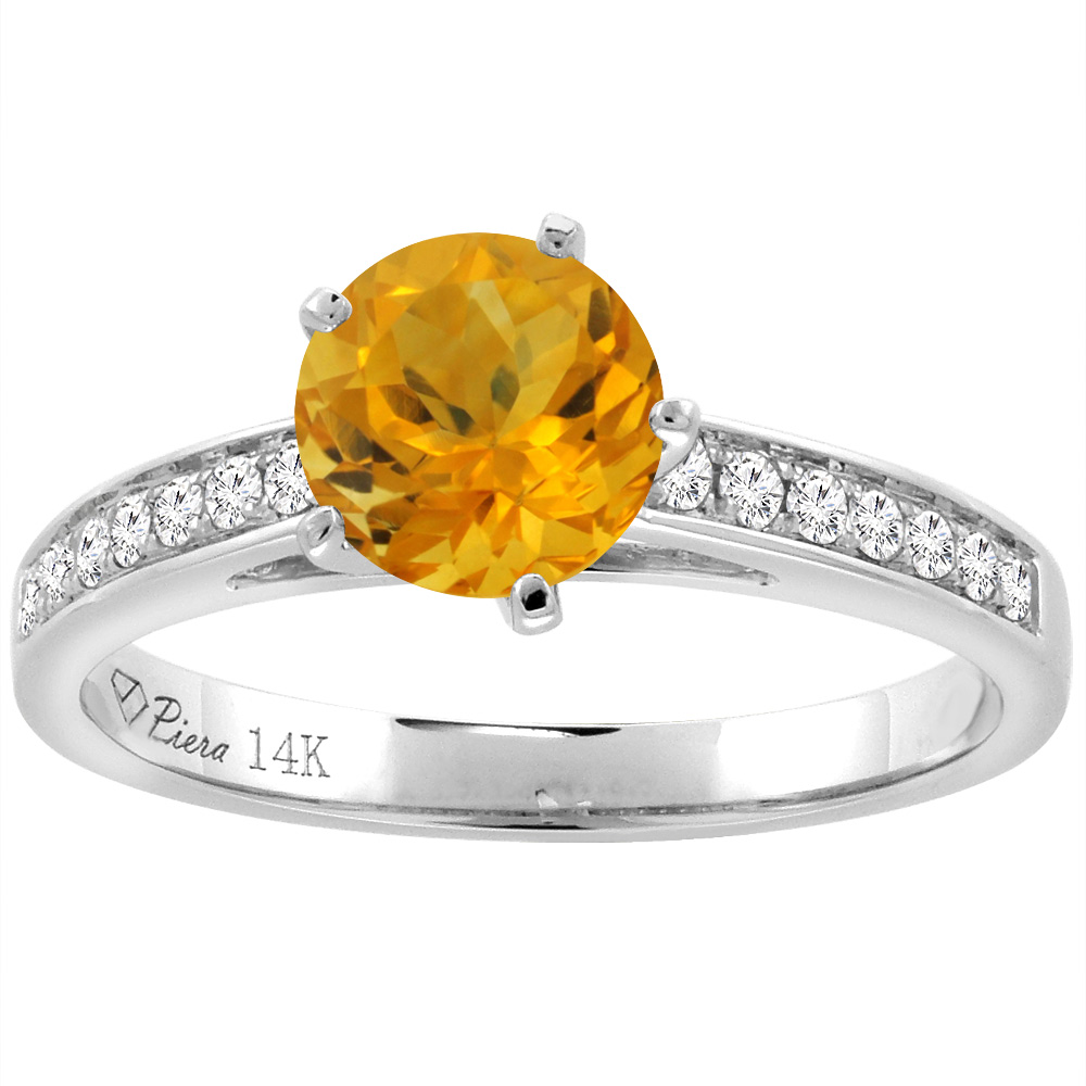 14K White Gold Diamond Natural Citrine Engagement Ring Round 7 mm, sizes 5-10