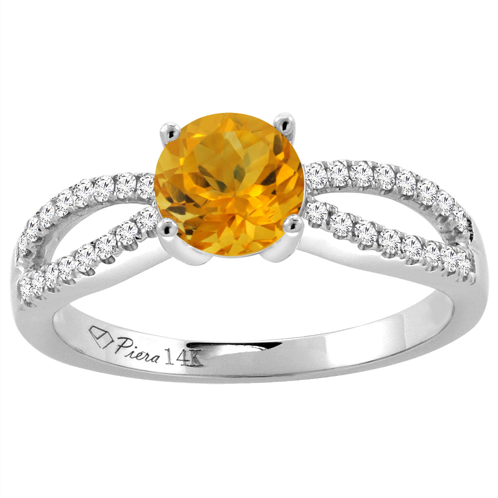 14K White Gold Diamond Natural Citrine Engagement Ring Round 7 mm, sizes 5-10