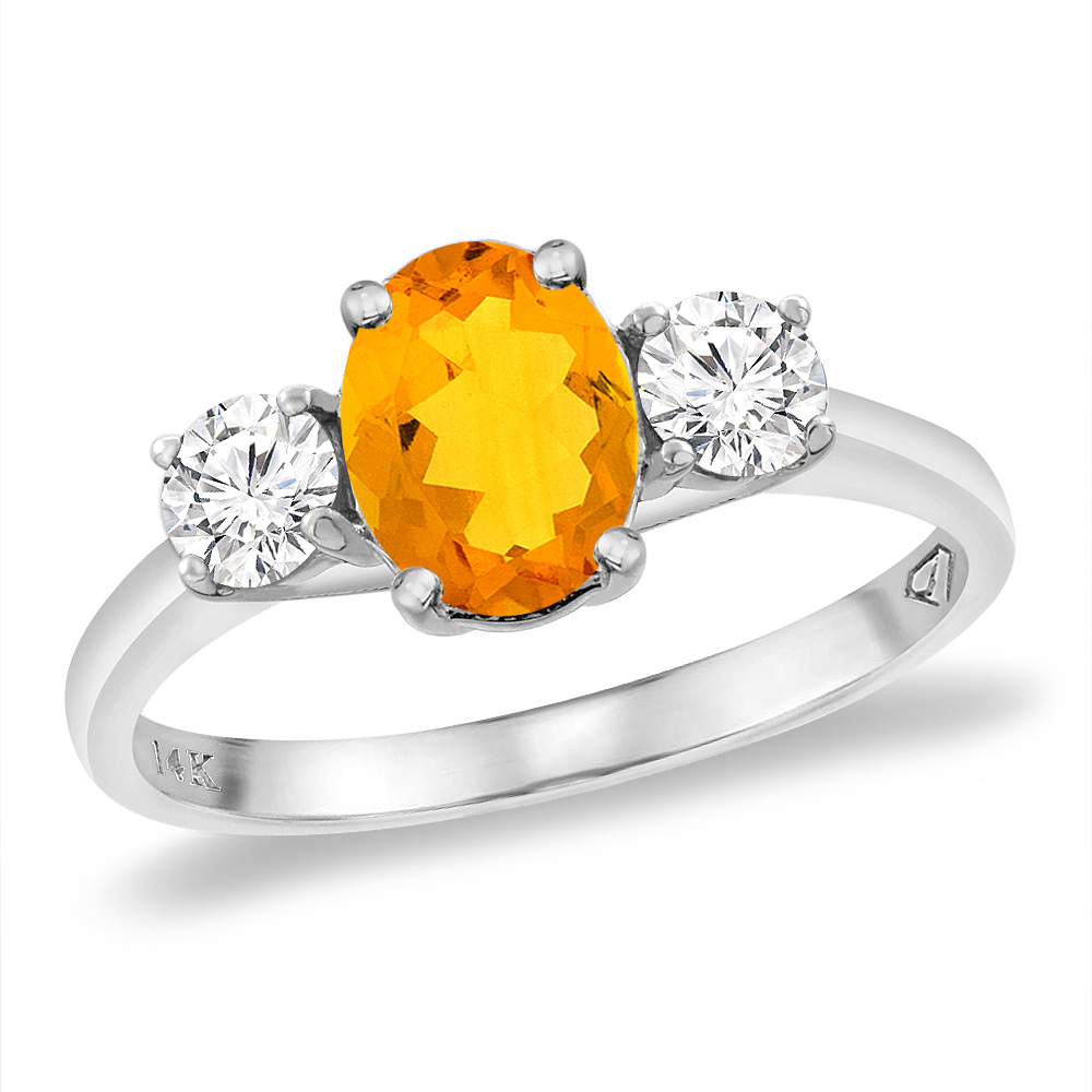 14K White Gold Natural Citrine & 2pc. Diamond Engagement Ring Oval 8x6 mm, sizes 5 -10