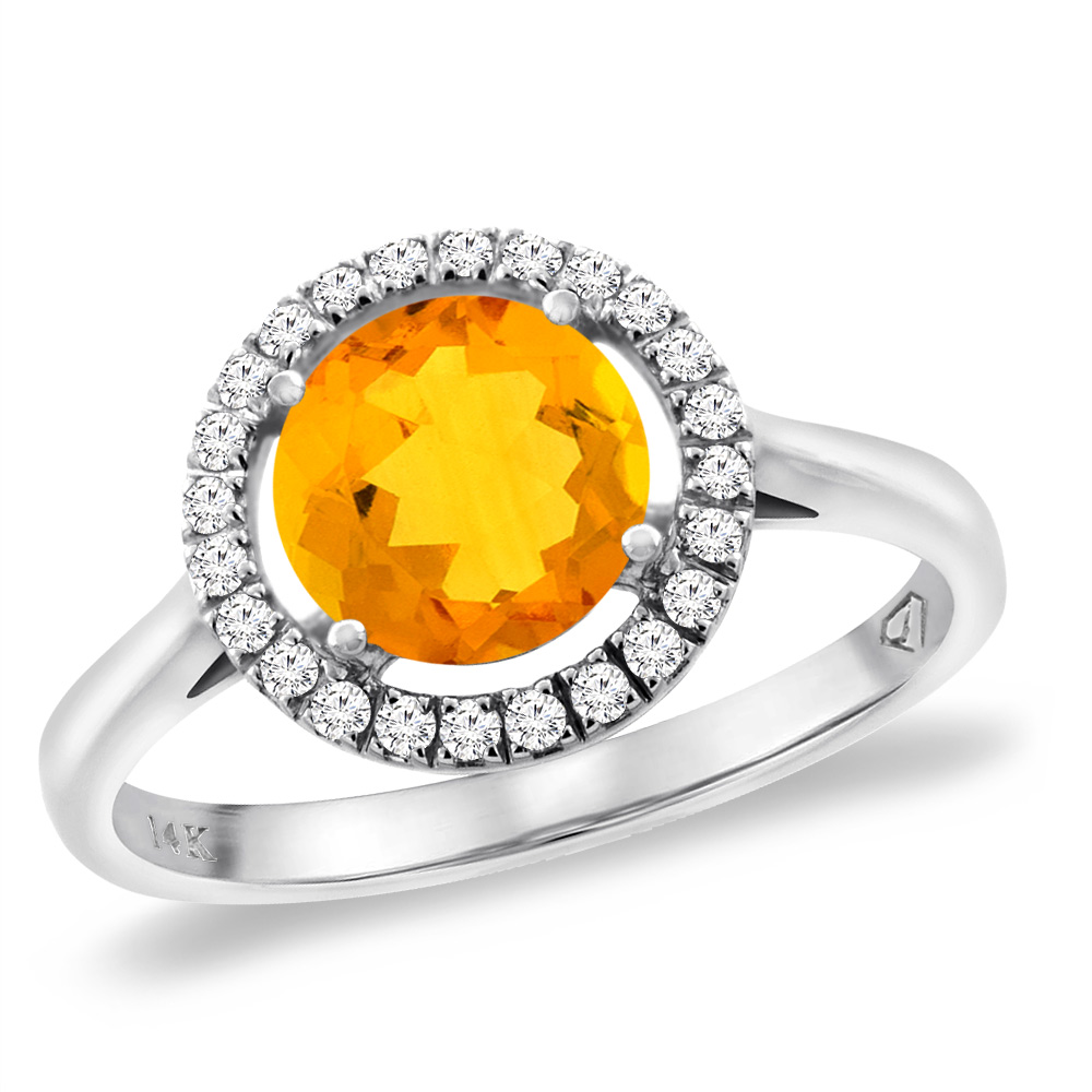 14K White Gold Natural Citrine Halo Engagement Ring Round 8 mm, sizes 5 -10