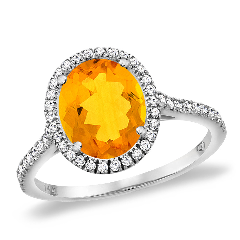 14K White Gold Natural Citrine Diamond Halo Engagement Ring 10x8 mm Oval, sizes 5 -10